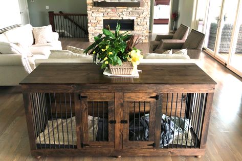 Crate Tv Stand, Double Dog Crate, Photos Of Puppies, Kennel Furniture, Dog Room Decor, Indoor Dog Kennel, Dog Cave, Diy Dog Crate, Wooden Dog Crate