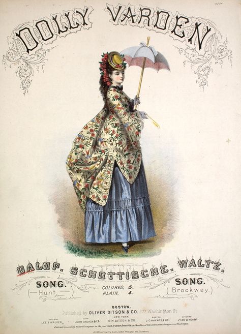 The "Dolly Varden Dress" was a look based off of a character in a Charles Dickens book. The look was loosely mimicked, but it was said to be a red petticoat, Polonaise style, wight he upper bodice skirt being some kind of a small floral print and topped off with a flattened bonnet. Jockey Hat, Charles Dickens Books, Dolly Varden, 1870s Fashion, Hobble Skirt, Fancy Dress Party, Bustle Dress, Music Cover, Gibson Girl