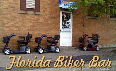 Biker Bar in Florida, Welcome to the Scooter Zone Florida Humor, Biker Bar, Senior Humor, Funny Old People, Golf Humor, Funny Captions, Gillian Anderson, Funny Bunnies, E Card