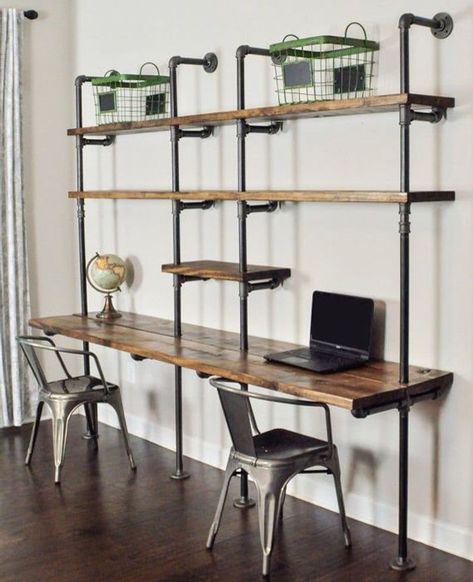 40+ Office Shelving Ideas Built with Industrial Pipe Pallet Desk, Pipe Desk, Office Shelving, Regal Design, Vintage Industrial Furniture, Solid Wood Shelves, Bedroom Desk, Solid Wood Desk, Industrial Shelving