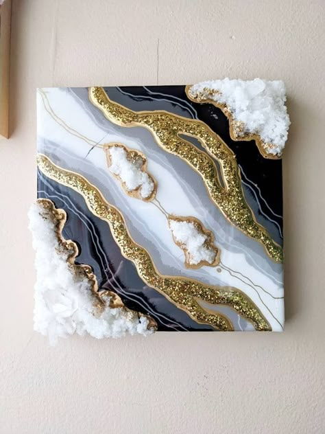 "8\"x8\" 1/2\" H This stylized geode is made in the resin art style!  Beautiful and one of a kind! This piece of wall art will add sparkle and class to any home!" Resins Ideas, White And Gold Resin, Crystal Projects, Diy Resin Crystals, Geode Resin Art, Abstract Resin Art, Resin Art Canvas, Agate Art, Ocean Resin Art