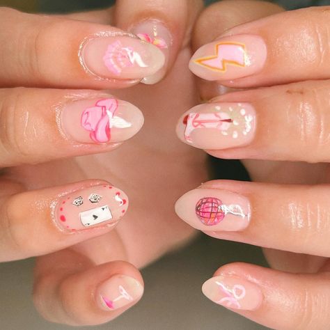 Uh oh I want these too Cowboy Boot Nail Art, Pink 8 Ball Nails, Pink Pony Club Nails, Disco Ball Nail Art, Simple Nails Neutral, Vacation Nails Gel, Pink Concert Nails, Cowboy Hat Nails, Almond Nails Colorful