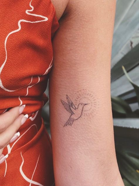 Hummingbird And Sun Tattoo, Sun And Hummingbird Tattoo, Bird Sun Tattoo, Hummingbird Tattoo On Arm, Unique Hummingbird Tattoo, Simple Hummingbird Tattoo, Fine Line Hummingbird Tattoo, Songbird Tattoo, 11 Tattoo