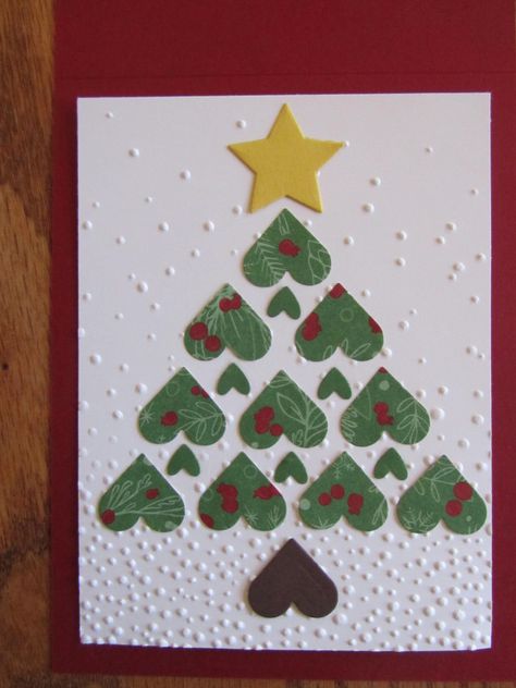 Christmas Heart Tree Heart Christmas Tree, Christmas Tree Card Ideas, Finger Print Christmas Tree Card, Christmas Tree Cards Handmade Kids, Stitched Christmas Tree Cards, Hearts Come Home For Christmas Cards, 3d Christmas Tree Card, Reindeer Card, Christmas Cards Kids