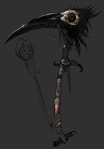 Anime Scythe Design, Scythe Designs Art, Scythe Art Reference, Scythes Designs, Sycthe Drawings, Fantasy Scythe Ideas, Scythe Magic, Scythe Fantasy Art, Fantasy Scythe Concept Art