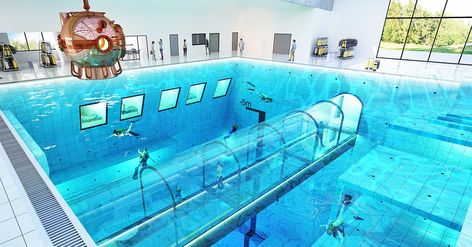 The World’s Deepest Pool Has Hotel Rooms With Underwater Views | Travel + Leisure Deepest Pool, Underwater Hotel Room, Deepest Swimming Pool, Underwater Hotel, Great Blue Hole, Deep Pool, Diving Pool, Cascais Portugal, Underwater Caves