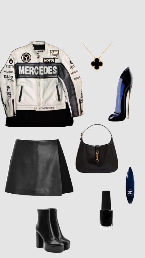 #outfit #mercedes #mercedesgirl #mercedesjacket #f1girl #vintage #fashion Race Car Outfit, Mercedes Girl, Race Outfit, Race Day Outfits, Jacket Outfit Women, Fashion Terms, Chiffon Fashion, 2000s Fashion Outfits, Gameday Outfit