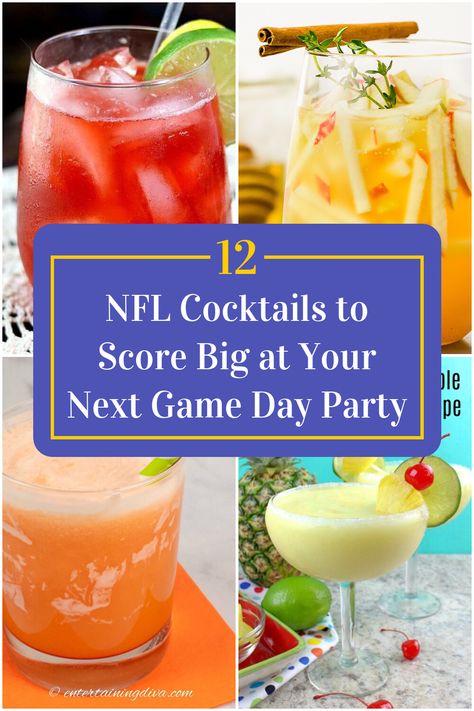 Collage of 4 nfl cocktails. Nfl Inspired Cocktails, Football Cocktail Recipes, Football Drinks Cocktails, Football Party Cocktails, Sunday League Football, Football Themed Drinks, Football Cocktails, Super Bowl Party Drinks, Tailgating Cocktails