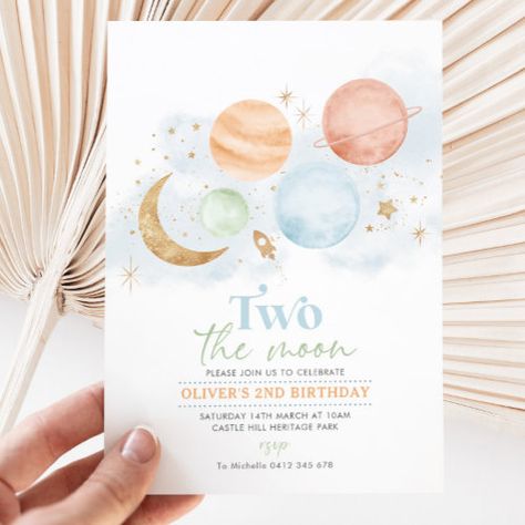 Two The Moon 2Nd Birthday Invitation Boy Gold #zazzle #weddinginvitations #birthdayinvitations #babyshowerinvitations #zazzleinvitations #monogram #businesscards #graduation #homedecor Pastel Planets, Moon Birthday Invitation, Space Invitation, Moon Birthday, Two The Moon, Silver Invitation, Moon Space, Boy Printable, Outer Space Birthday