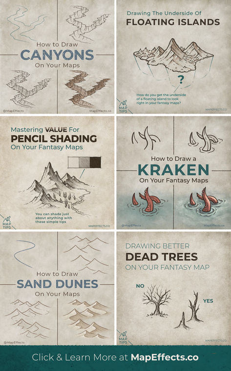 Fantasy Map Tips and Tutorials to teach you how to map your story for your next novel or rpg campaign Fantasy Map Mountains How To Draw, How To Draw Forests On A Map, Dnd World Map Ideas, Homemade Fantasy Map, Mountain Map Dnd, Fantasy Map Tutorial, Drawing Fantasy Maps, How To Draw Maps, Map Making Ideas