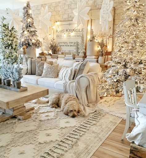 Christmas decor, flocked trees, boho, farmhouse, goldendoodle, neutral decor Double Wide Living Room Ideas, Christmas Tree Forest, Vintage Porch, Reclaimed Wood Coffee Table, Christmas Decor Inspiration, Cosy Christmas, Cottage Bedroom, Coffee Table Farmhouse, White Christmas Decor