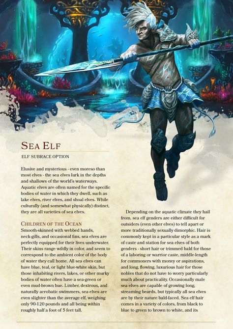 Elves Dnd 5e, Dnd Homebrew Elf Race, Dnd Elf Subrace, Dnd Sea Characters, Dnd Aquatic Races, Aquatic Dnd Creatures, Dnd Sea Campaign, Aquatic Dnd Character, Homebrew Races 5e