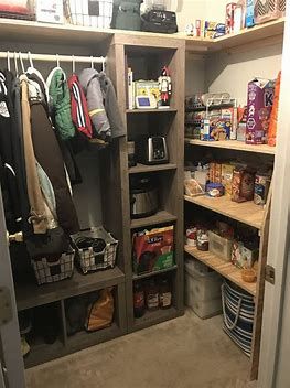 coat closet and pantry combination - Search Images Utility Closet Pantry, Half Pantry Half Coat Closet, Coat Closet Pantry Combo, Pantry And Coat Closet Combo, Utility Coat Closet, Pantry And Mudroom Combo, Walk In Utility Closet, Coat Closet Design, Pantry Addition