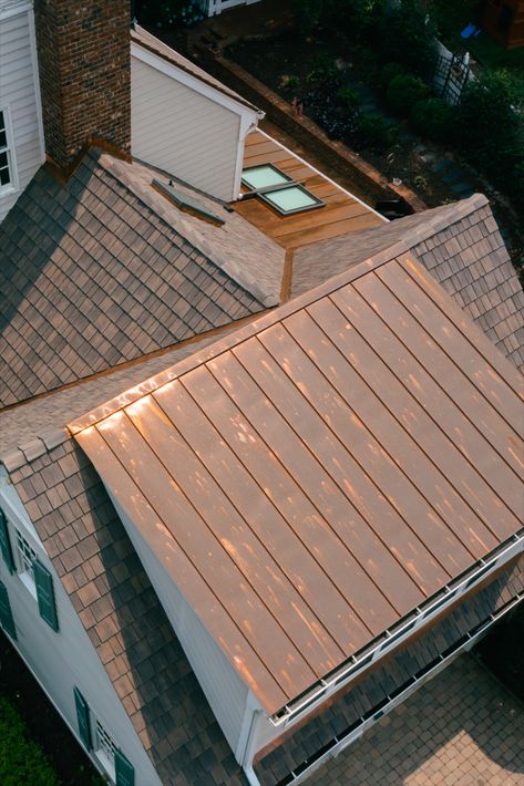 Copper roof section on a synthetic cedar shingle roof Copper Roof House Exterior Colors, Copper Roof House, Copper Metal Roof, Dormer Roof, Home Exteriors, Shed Dormer, Roof Replacement, Exterior Inspiration, Copper Roof