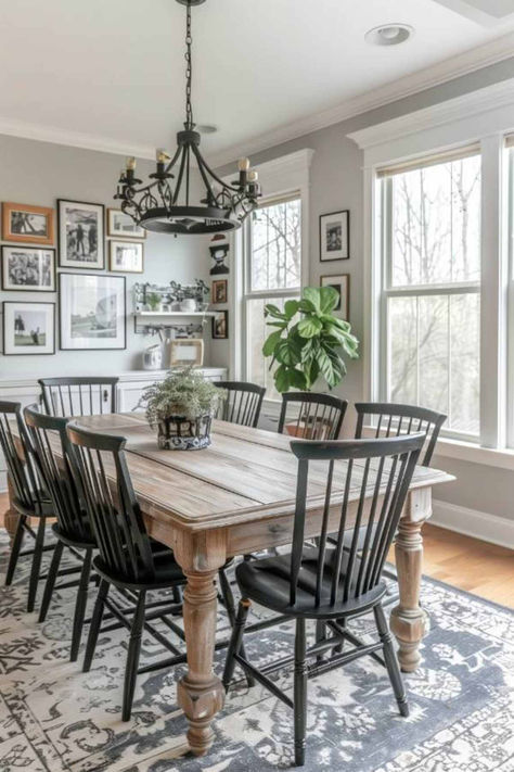 40 Beautiful Farmhouse Dining Room Ideas for Your Home Farmhouse Dining Room With Black Chairs, Informal Dining Room Off Kitchen, Joanna Gaines Dining Room Ideas, Dining Room Design Simple, Modern Farmhouse Dining Room Ideas, Dining Room Decor Farmhouse, Joanna Gaines Dining Room, Dining Room Tv, Farmhouse Dining Table Decor