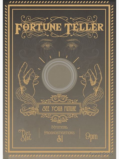 "Mystical Prognostications - Vintage style fortune teller poster " Art Print by CelestifyStudio | Redbubble Fortune Teller Poster Vintage, Art Nouveau Fortune Teller, Vintage Fortune Teller Aesthetic, Vintage Event Poster, Fortune Teller Ideas, Alchemy Poster, Fortune Teller Illustration, Fortune Teller Aesthetic, Fortune Teller Poster