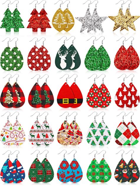 PRICES MAY VARY. Rich in style: you will receive 25 pairs of faux leather teardrop earrings in different Christmas themed patterns, including Christmas tree, Santa Claus, elk, snowflake, lattice, etc.; Wear this as part of your Christmas costume, or for wearing year-round to show your love of Christmas Lightweight leather earrings: these dangle earrings are made of soft synthetic leather and polyurethane material, comfortable to wear and won’t produce tension on your earlobes; Coming with double Christmas Faux Leather Earrings, Shamrock Earrings, New Year's Party Decorations, Christmas Tree Star, Christmas Tree Earrings, Faux Leather Earrings, Teardrop Dangle Earrings, Chic Christmas, Earrings Christmas