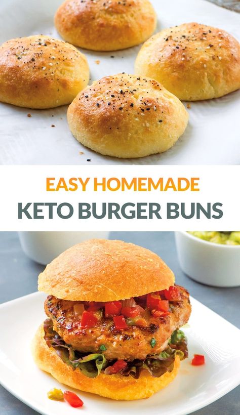 Following a low-carb diet but craving a juicy hamburger? You could dish up a grilled meat patty with melted cheese and bacon wrapped in a salad leaf...OR...you could make these keto burger buns! Made with mozzarella, almond meal, and egg, these are surprisingly fluffy and bread-like at around 8 grams of net carbs per bun. This easy hamburger bun recipe is from The Frugal Keto Cookbook by Emily Pierce (read more about the book in our recipe post). A must-add to your keto recipes collection! via Keto Burger Buns, Paleo Staples, Keto Burgers, Dieting Foods, Low Carb Burger Buns, Ketone Recipes, Healthy Breads, Burger Buns Recipe, Hamburger Bun Recipe