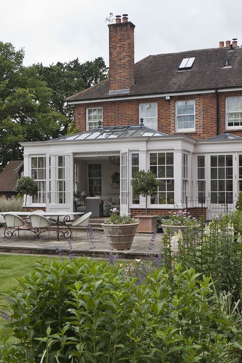 Contemporary Orangery Extension, Georgian House Renovation, Georgian Extension, Georgian Orangery, Modern Georgian Interiors, Orangery Extension Kitchen, Traditional House Interior, White Picket Fence Ideas, Picket Fence Ideas