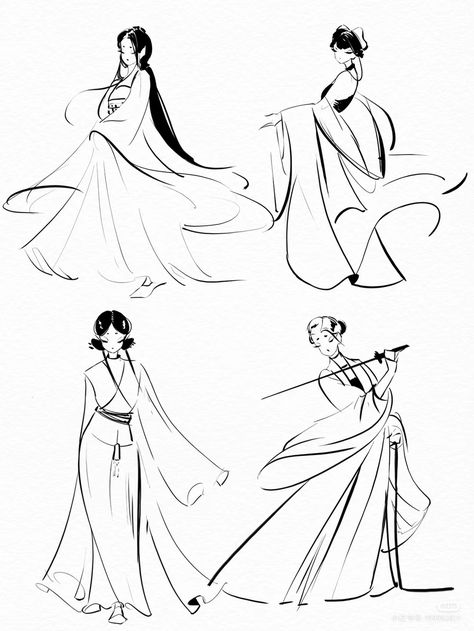 Body From The Back Drawing, Abstract Fashion Illustration Sketches, Asian Oc Drawing, Chinese Style Drawing, Flowing Dress Drawing Reference, Hanfu Drawing Reference, Chinese Art Tutorial, Cheongsam Drawing, Chinese Dress Drawing