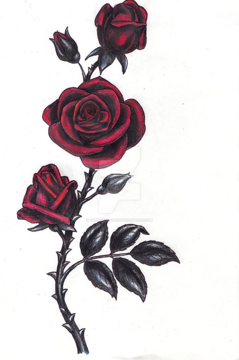 Gothic Rose by Dragonwings13 Rose And Thorns Tattoo, 3 Roses Tattoo Design, Bodhi Tattoo, Rose Vine Tattoo, Rose Thorn Tattoo, Rose Vine Tattoos, Rose Tat, Gotik Tattoo, Thorn Tattoo