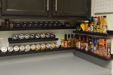 Materials: Spice rack:  Ikea Ribba Picture ledge @ $9.99 (22") or $14.99 (45") Spice jar:  Ikea  Rajtan spice jar 5 oz. @ $3.99/4pack Pai... Spice Jar Ideas, Spice Display, Start A Family, Kitchen Cupboard Doors, Space Apartments, Jar Ideas, Tidy Kitchen, Spice Jar, Kitchen Spices