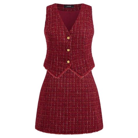 Tweed Two Piece Set, Red Tweed Outfit, Vest And Skirt Set, Dark Red Outfit Casual, Tweed Set Outfit, Vest And Skirt Outfit, Dark Red Outfit, Cider Outfits, Tweed Skirt Outfit