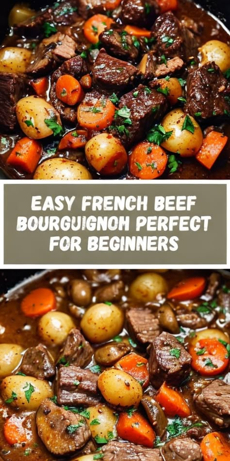 Savor the rich flavors of an easy French Beef Bourguignon, perfect for beginners! Tender beef in a savory wine sauce—impress effortlessly. #BeefBourguignon #FrenchCuisine #EasyRecipes #ComfortFood #BeginnerCooking Red Wine Beef Roast, Crockpot Beef Bourguignon, French Beef Bourguignon, Beef Bourguignon Recipe, Cozy Dinners, Green Beans With Bacon, Pearl Onions, Slow Cooked Beef, Cooking For Beginners