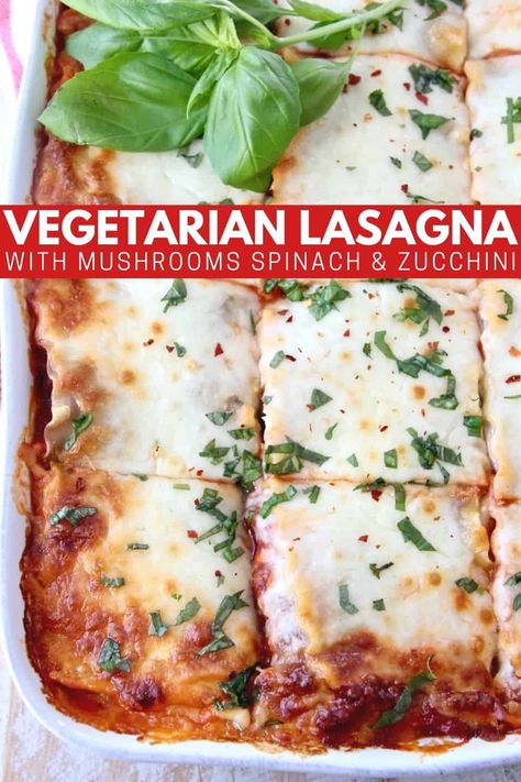 Lighten up your lasagna without lightening up the flavor! This Vegetarian Lasagna Recipe is filled with zucchini, mushrooms, spinach and ricotta cheese. It's a wonderful meatless Italian meal that's sure to be loved by both vegetarians and meat lovers! Lasagna Recipe Vegetarian Indian, Vegetarian Zucchini Lasagna, Best Vegetarian Lasagna, Lasagna Recipe Without Ricotta, Veggie Lasagna Recipe, Meatless Lasagna, Spinach Mozzarella, Lasagna With Ricotta, Zucchini Mushrooms