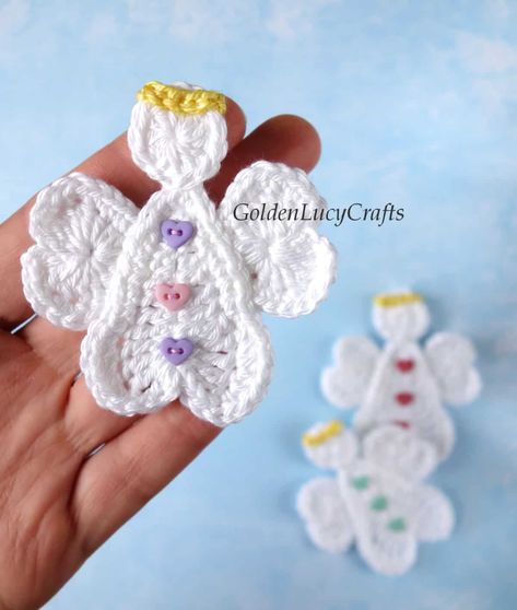 Free Crochet Patterns, Crochet Designs - GoldenLucyCrafts.com Angel Applique, Kindness Ideas, Crochet Angel Pattern, Crochet Wall Art, Crochet Angels, Crochet Angel, Knitted Mittens, Crochet Ornaments, All Free Crochet