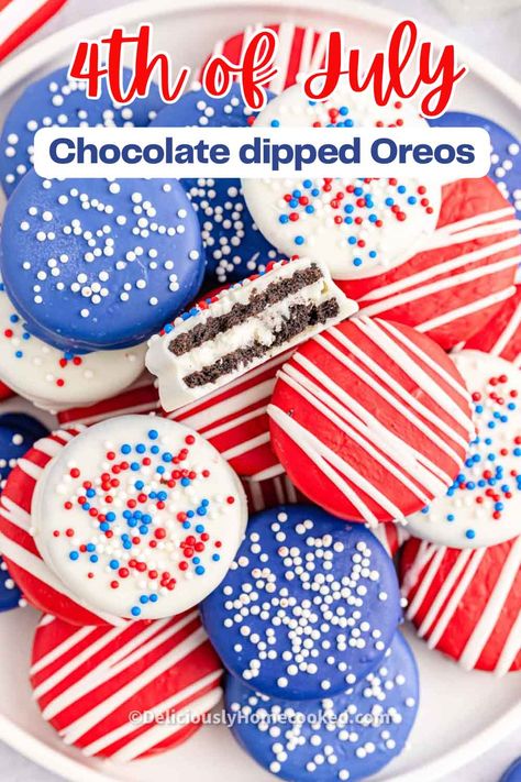 Lemon Oreos, Double Stuffed Oreos, Chocolate Dipped Oreos, Oreo Balls, Dipped Oreos, 4th Of July Desserts, Oreo Recipes, Covered Oreos, Fourth Of July Food