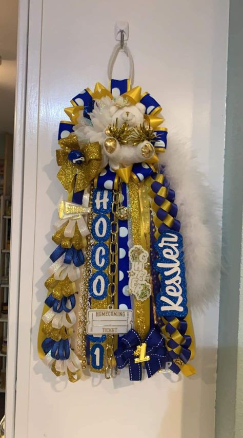 Homecoming Mums Dance Team, Mums Homecoming Blue And Gold, Blue And Yellow Homecoming Mums, Blue And Yellow Mums Homecoming, Hoco Mum Ribbon Ideas, Texas Homecoming Mums Diy, Home Coming Mum Ideas, Trifold Ideas, Cheer Homecoming