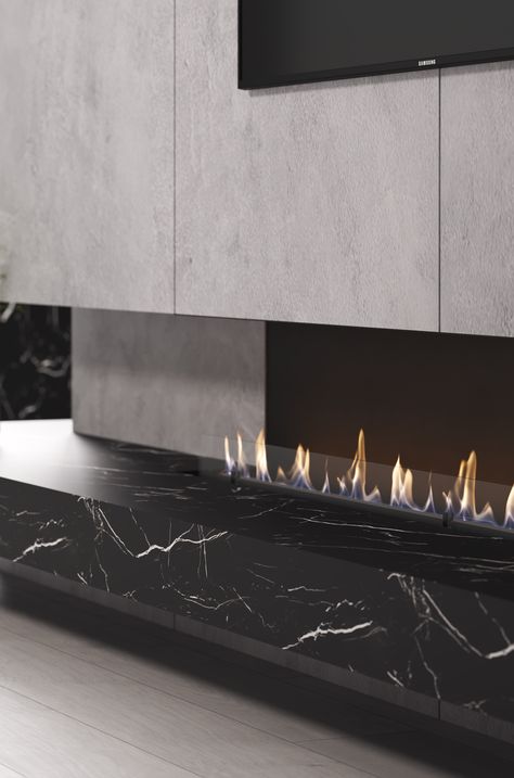 Tv Wall Fireplace, Nook Fireplace, Modern Marble Fireplace, Contemporary Fireplace Designs, Art Deco Fireplace, Living Room Marble, Linear Fireplace, Ethanol Fireplace, Bioethanol Fireplace