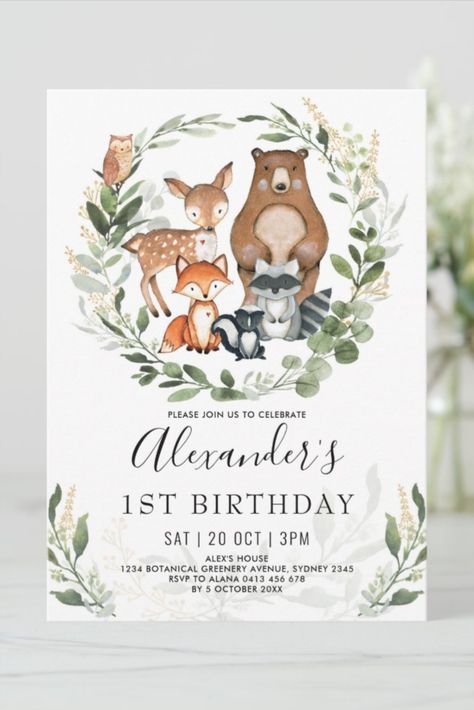 Sweet Woodland Forest Animals 1st Birthday Boy Invitation Whimsical woodland birthday invitation featuring adorable watercolor illustration of five forest friends and soft botanical greenery #happybirthday #birthdaycards #birthdayparty #firstbirthday #turningone #wildone #animal Forest Party Invitations, Woodland Birthday Party Invitations, Forest Birthday Invitations, Woodland Invitation Template, Woodland Creatures Birthday, Woodland Baby Shower Theme Invitations Forest Animals, Woodland Invitation Birthday, Animal Birthday Invitation, Forest Birthday