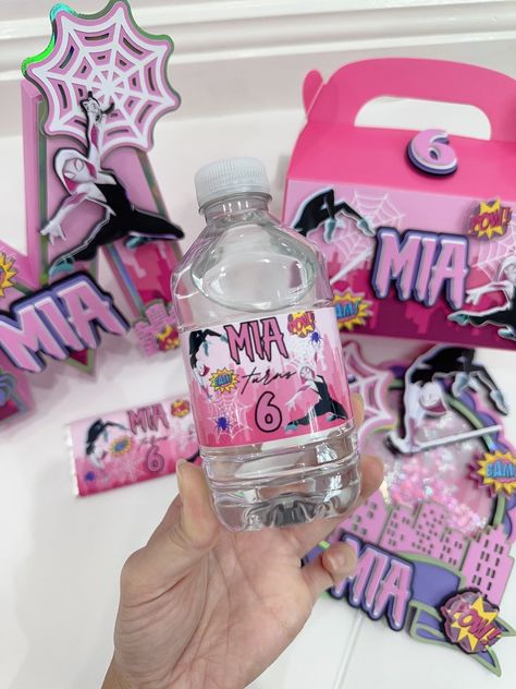 Gwen Stacey Spidergirl I Mini Water Bottle Stickers 250ml | Personalised Water Bottle | Birthday Cake Topper | Party boxes | Spiderman Bottle Birthday Cake, Mini Water Bottle, Spider Party, Party Boxes, Ghost Spider, Party Inspo, Personalized Water Bottles, Party In A Box, Water Bottle Stickers