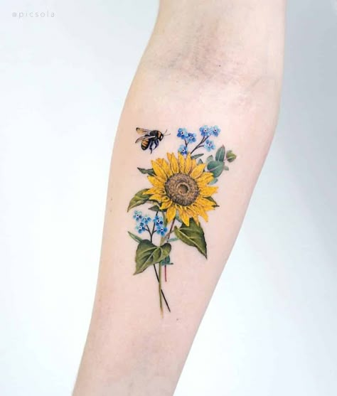 Bee And Flower Tattoo, Forget Me Not Tattoo, Sunflower Tattoo Shoulder, Bouquet Tattoo, Sunflower Tattoos, Bee Tattoo, Sunflower Tattoo Design, Sunflower Tattoo, Tattoos Gallery