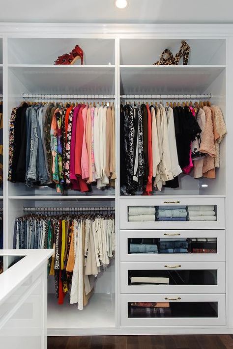 Walk In Closet with Glass Front Dresser Drawers Diy Kast, Organizing Walk In Closet, Organized Closet, Organization Closet, Ikea Closet, Walking Closet, Walk In Closet Design, Clothes Closet Organization, Diy Wardrobe