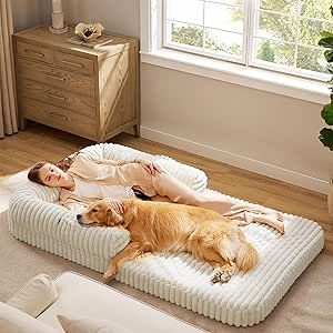 Bedsure Foldable Human Dog Bed for People Adult, 2 in 1 Corduroy Fleece Calming Human Size Giant Waterproof Dog Bed Fits Pet Families with Egg Foam, Faux Fur Orthopedic Dog Sofa, Cream Dog Bed Corner Ideas, Dog Sleeping Area, Dog Bed For People, Giant Dog Bed, Dog Beds For Large Dogs, Giant Dog Beds, Human Dog Bed, Human Dog, Sofa Cream