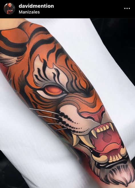 Traditional Tiger Tattoo, Detailed Tattoos, Neo Traditional Art, Tatuaje Cover Up, Tiger Head Tattoo, Japanese Tiger Tattoo, Tiger Tattoo Sleeve, Colored Tattoo Design, Neo Tattoo