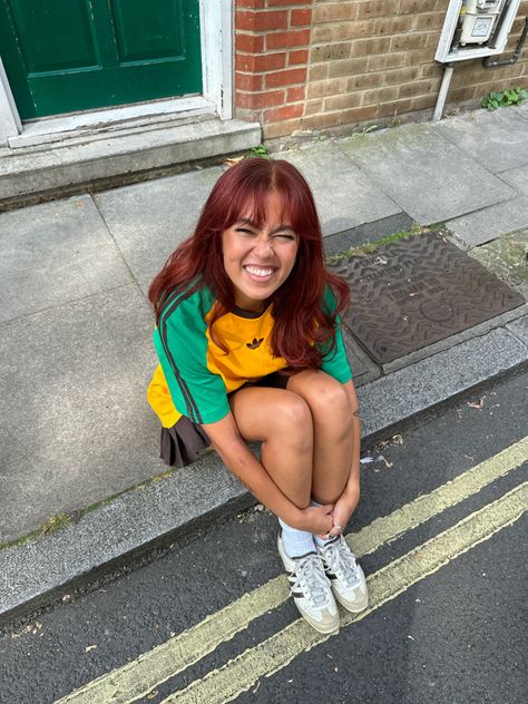 Adidas / vintage fashion / style inspo / street fashion / autumn fashion / mini skirt / red hair Red Hair With Red Outfit, Outfits For Red Hair, Blokette Core, Red Hair Outfits, Europe Summer Outfits, Vintage Fashion Style, Red Hair Inspo, Clothes Wishlist, Adidas Vintage