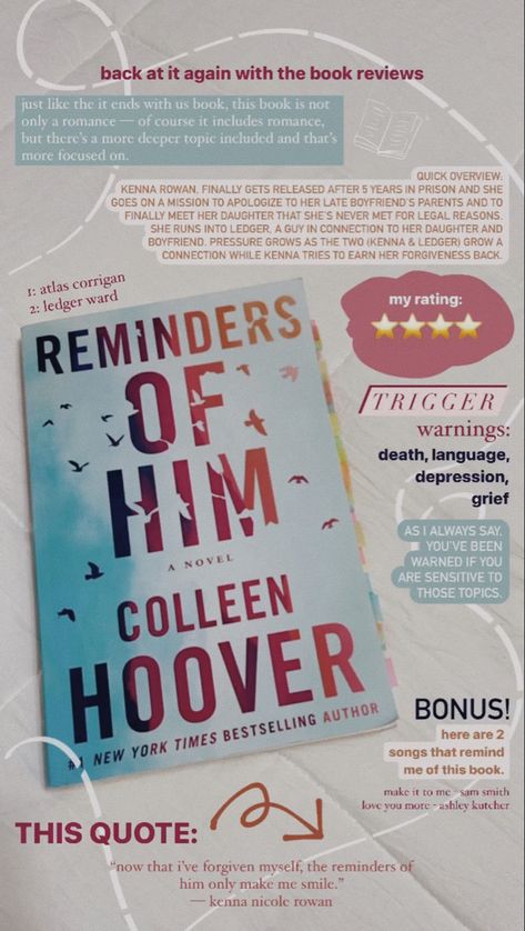 Reminders Of Him Review, It Ends With Us Review, Colleen Hoover Book Review, Collen Hover, Colleen Hoover Book, Reminders Of Him, Teenage Books To Read, Book Reading Journal, Colleen Hoover Books