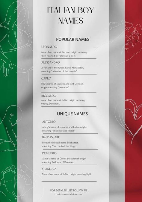 195 Strong Italian Boy Names You've Probably Never Heard Of Italian Names For Characters, Italian Male Names, Italian Names And Meanings, Baby Boy Names Italian, Italian Last Names, Italian Boy Names, Italian Names Boy, Drama Performance, Rp Names