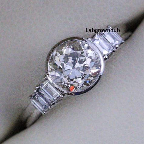 European Cut Diamond Ring, Bezel Set Engagement Ring, Moissanite Wedding Ring, Baguette Ring, Ring Bezel, Antique Ring, Moissanite Wedding Rings, European Cut Diamonds, Vintage Engagement