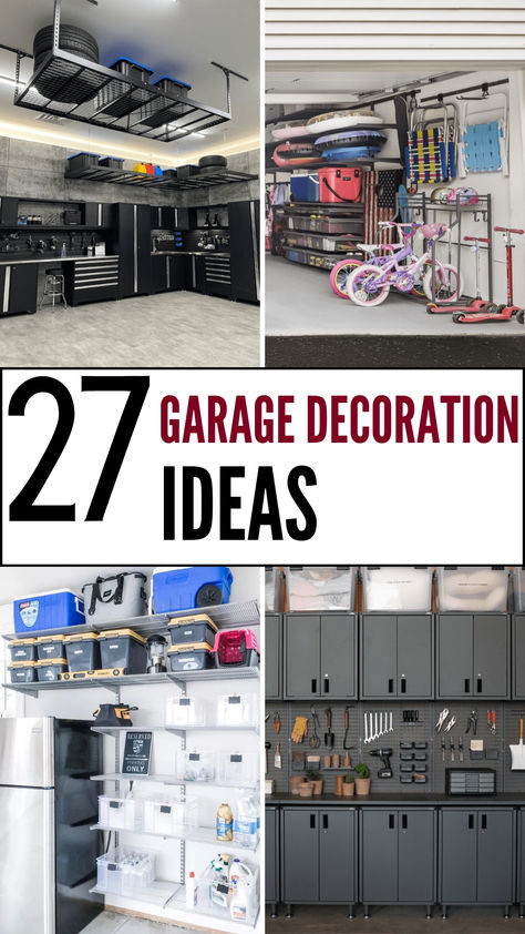 Looking for ways to turn your garage into more than just a storage area?  These 27 decorating ideas will help you create a clean, organized, and stylish space.  Whether you need a workshop, a home gym, or a sleek place to park, these tips will inspire you to make the most of every corner. Garage Gym And Storage Ideas, Creative Garage Storage Ideas, Garage Hang Out Space Ideas, Garage Office Ideas Layout, Two Car Garage Organization, Garage Layout Ideas, Garage Built Ins, Garage Playroom Ideas, Garage Hang Out Space