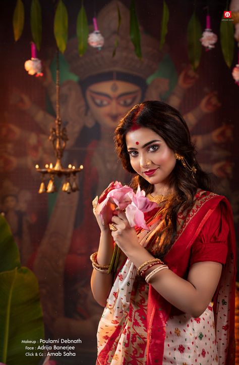 Durga Puja Photoshoot, Agomoni Shoot, Durga Puja Look, Navratri Photography, Navratri Makeup, Zubeen Garg, Bengali Look, Fashion In India, Saraswati Photo