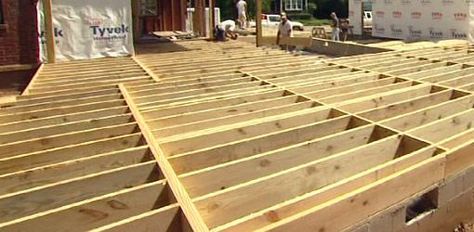 Find out the minimum size floor joists you need for building decks, sheds, or room additions for different types of wood on both 16” and 24” spacing. Projects With Pallets, Foundation House, Cheap Homes, Pier And Beam Foundation, Home Foundation, Beam House, Building A Small House, Raised Floor, Walkway Design