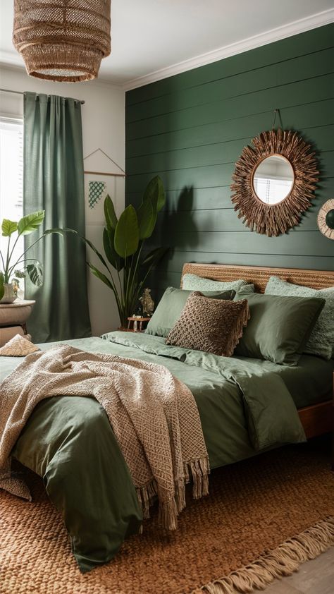 Green Velvet Bed Frame Boho, Hunter Green And Wood Bedroom, Sage Green Bohemian Bedroom, Green Bedroom Set Ideas, Green Bed Decor Ideas, Bedroom Green Accent Wall Ideas, Bedrooms With Dark Green Accent Wall, Green And Brown Bedrooms, Green Woodsy Bedroom