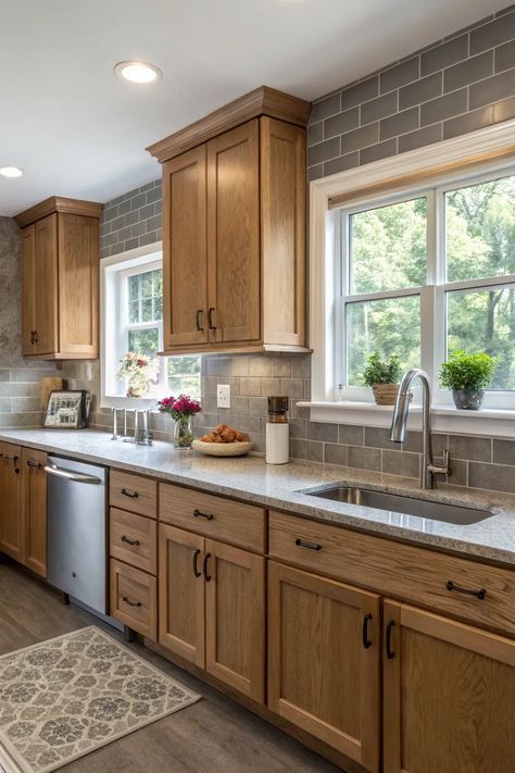 20+ Stunning Kitchen Backsplash Ideas with Oak Cabinets Kitchen Backsplash Ideas With Oak, Backsplash Ideas With Oak Cabinets, Kitchen Backsplash Ideas With Oak Cabinets, Concrete Backsplash, Beige Marble Tile, Ceramic Tile Colors, Mosaic Tile Sheets, White Subway Tile Backsplash, Backsplash Panels