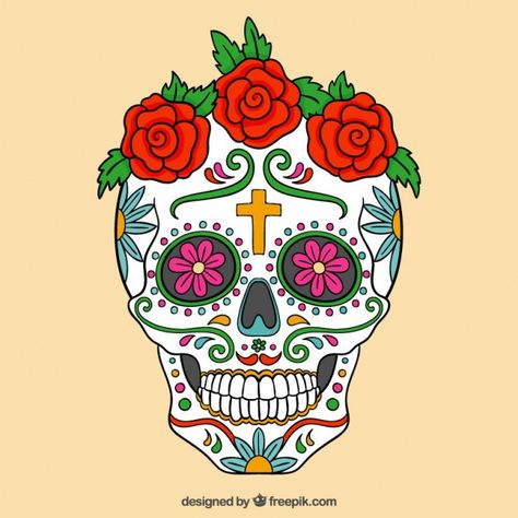 Calavera de azúcar colorida con rosas Vector Gratis Stained Glass Tattoo, Skull With Roses, Stained Glass Patterns Free, Day Of The Dead Art, Tapestry Bedding, Flower Tapestry, Day Of The Dead Skull, Mexican Skulls, Easy Halloween Crafts