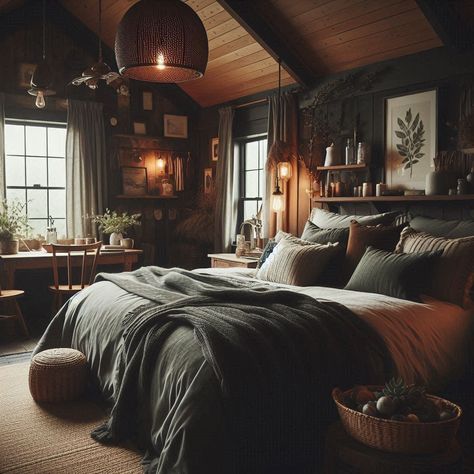 Moody Forest Aesthetic Bedroom, Dark Attic Room, Dark And Moody Cabin, Dark Academia Attic Bedroom, Dark And Wood Bedroom, Dark Academia Boho Bedroom, Simple Rustic Bedroom Ideas, Dark Wood Aesthetic Bedroom, Viking Bedroom Aesthetic